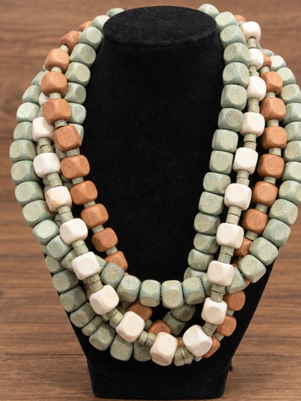 NWT Plunder Multi-Strand Chunky Wooden Bead Necklace Sage Terracotta Cream